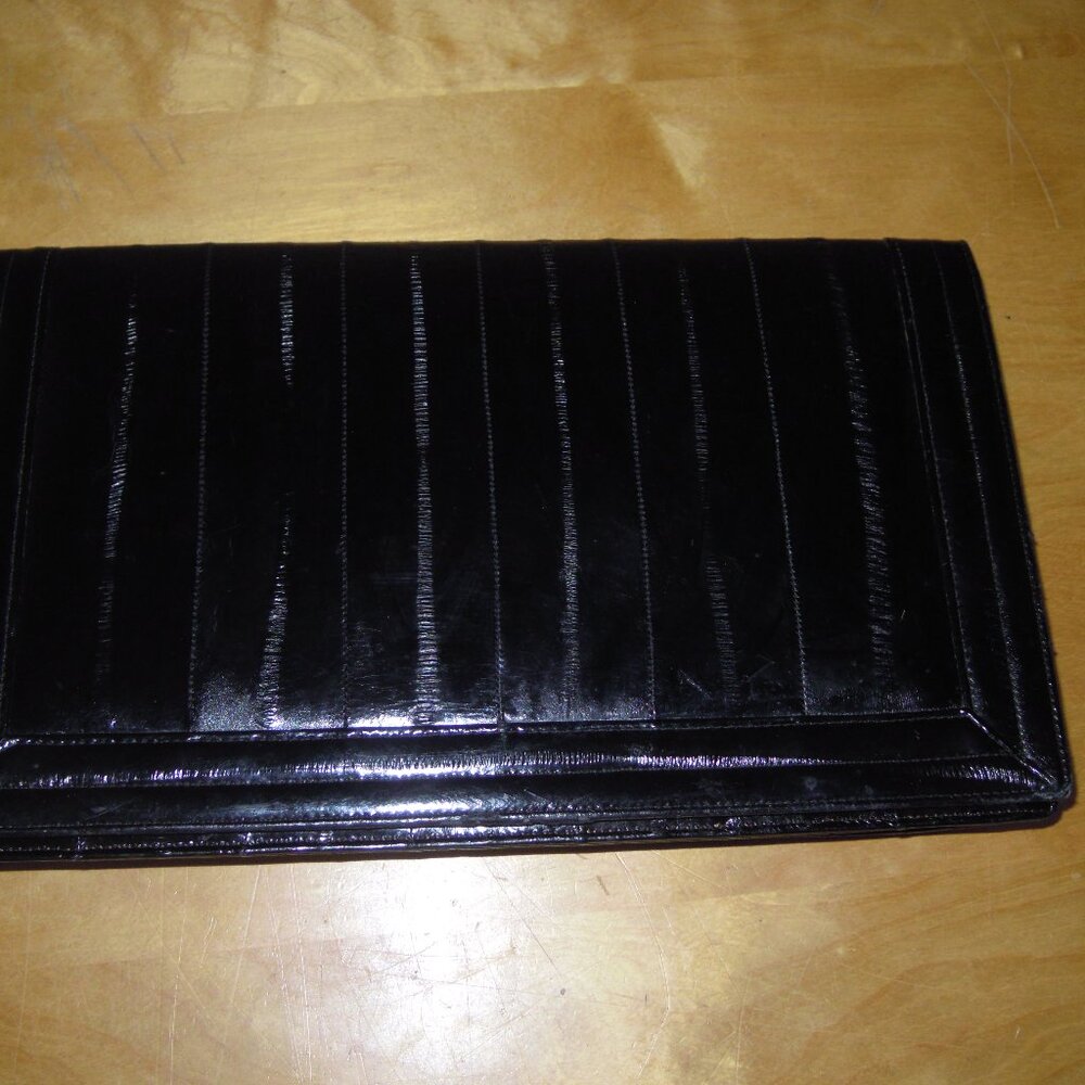 Genuine Black Eel Skin Clutch Purse Hand Bag w Shoulder Strap Vintage 70s 80s